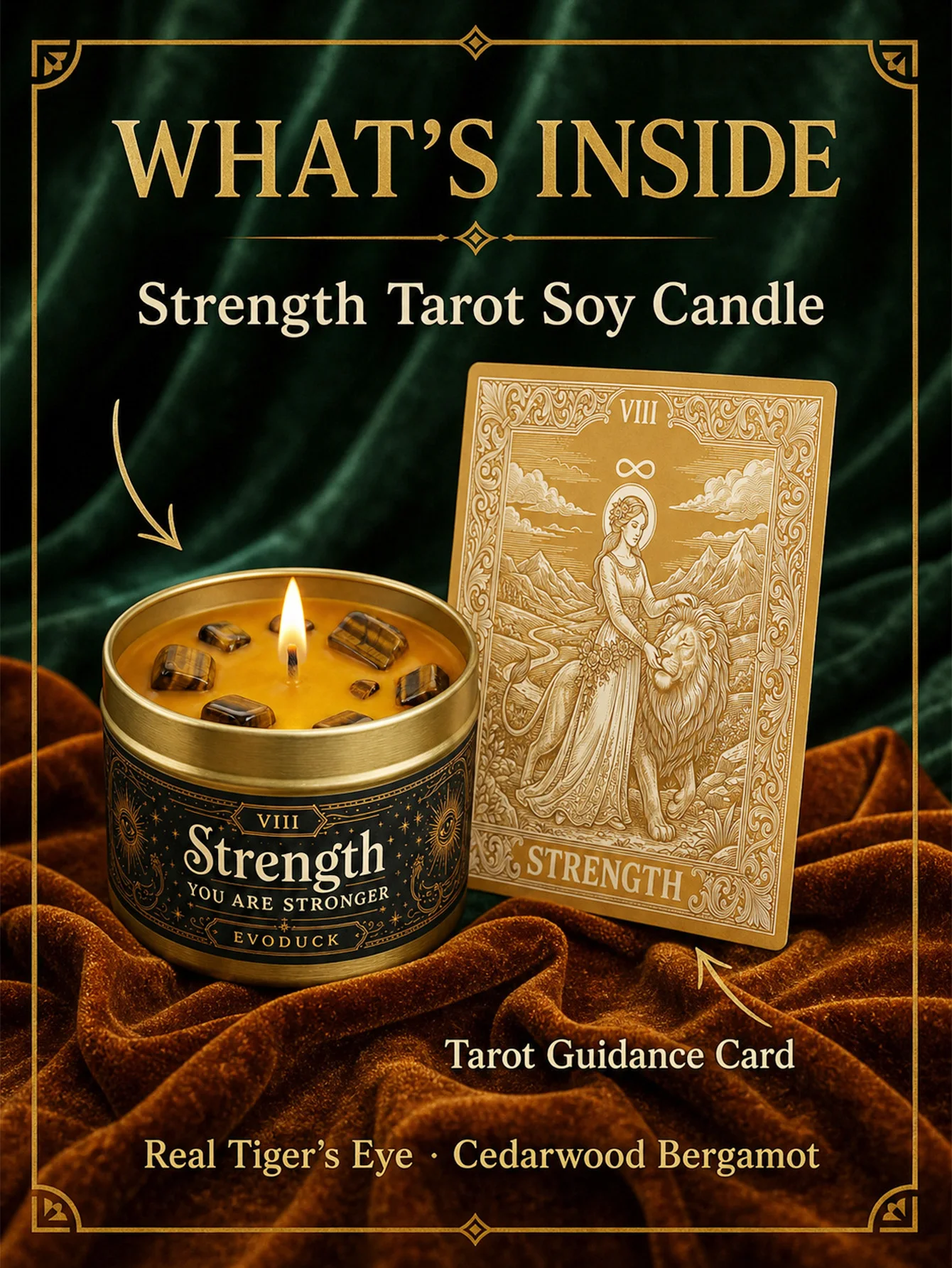 EVODUCK Strength Tarot Candle, Cedarwood Bergamot Scented Candle with Tiger Eye Crystal Stones, Gold Tin, You Are Stronger Spiritual Ritual Candle for Meditation, Courage Confidence, Witchy Home Decor, Get Well Birthday Christmas Gift for Women Men