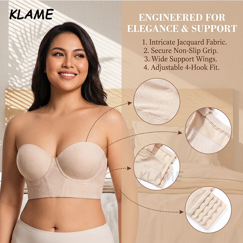 KLAME 34-46 BC Plus Size Women's Strapless Non-slip Underwire Supportive Beautiful Back Push Up Bra KLM1629