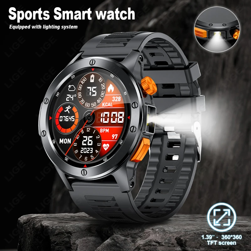 LIGE Outdoor Smartwatch Men With LED Light Wireless Call Connect Phone Health Monitoring Sports Fitness Waterproof Smart Watches