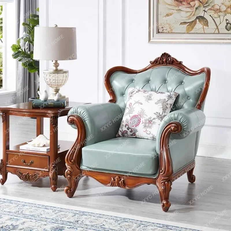 leather sofa all solid wood combination living room double triple sofa