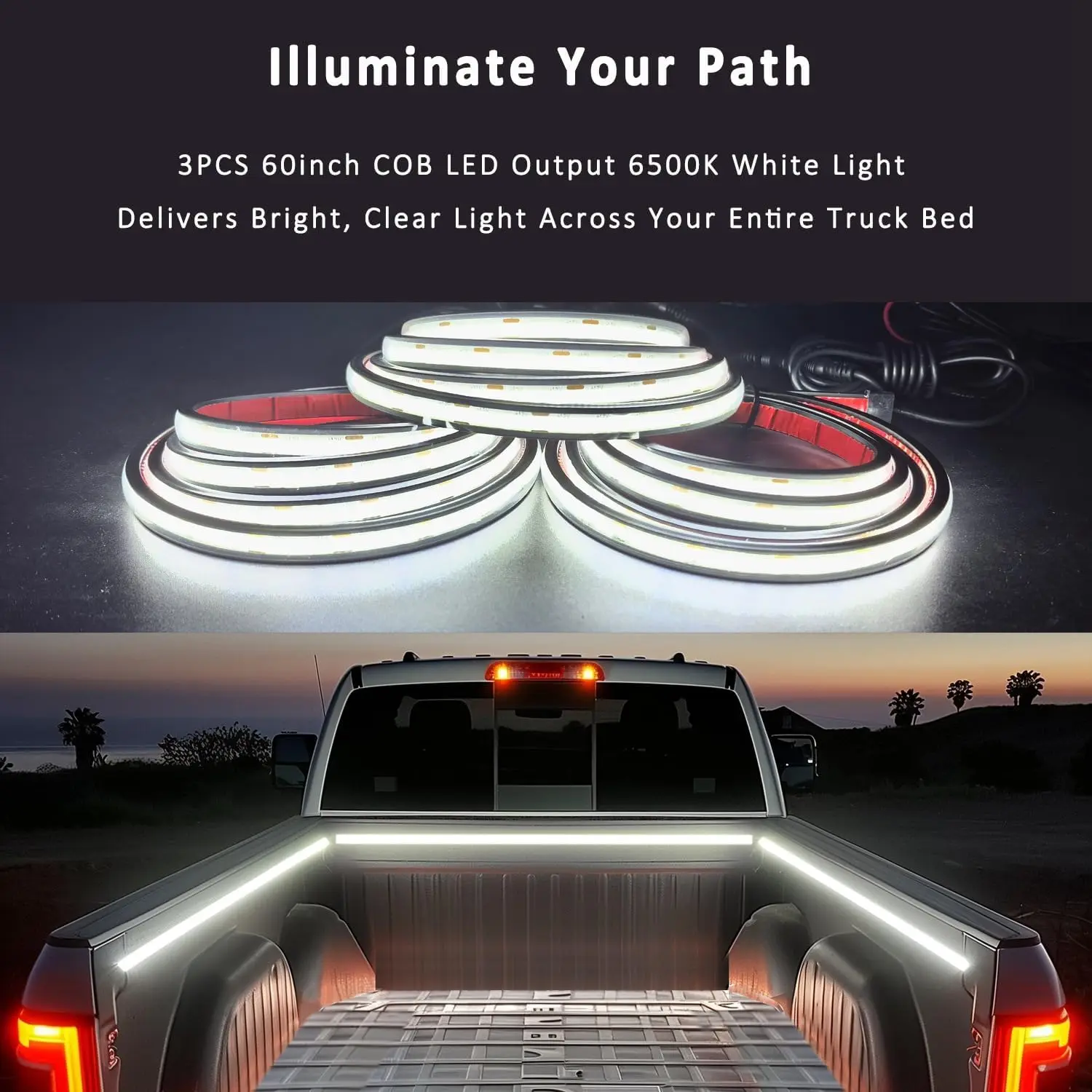 LED Truck Bed Lights, 3Pcs 60Inch 12V 6500K White COB Waterproof Lights Strip with Switch Blade Fuse Splitter