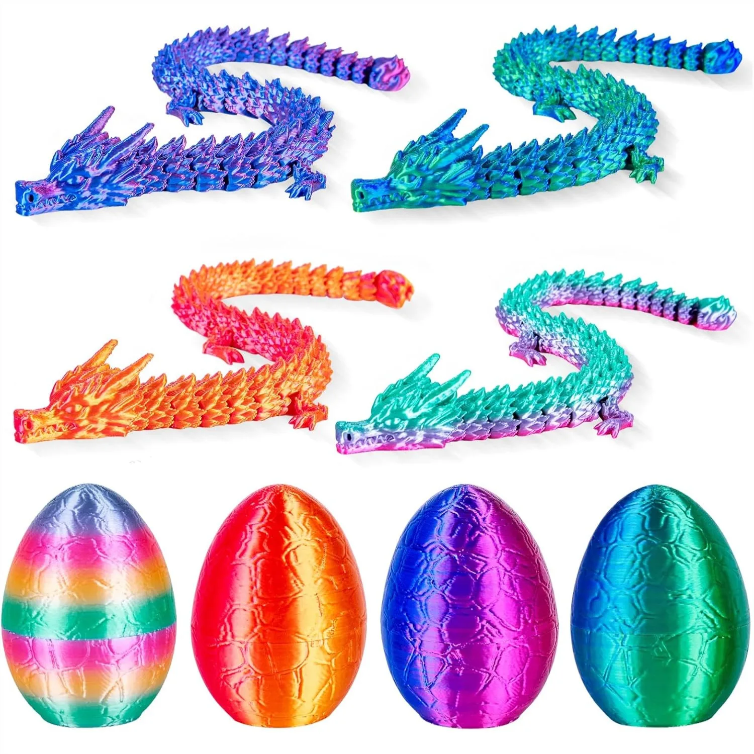 

4Pcs 3D Printed Dragon Eggs with Articulated Dragon Inside, 8.86" Flexible Mystery Dragon Toy Set, Cool Fidget Toys for Kids &