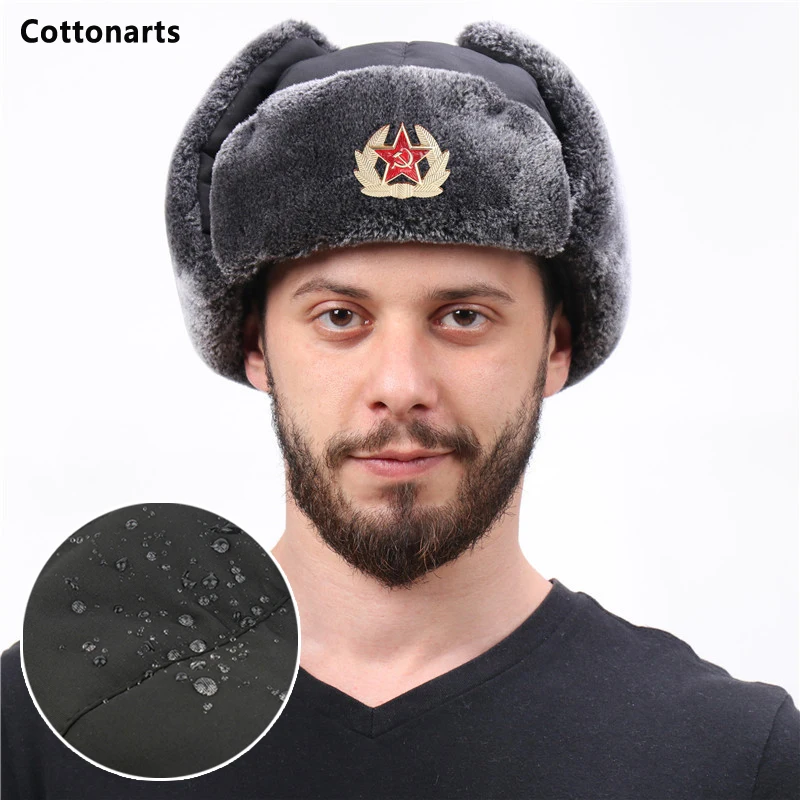 Winter Men's Soviet Badge Lei Feng Hat with Mask Outdoor Waterproof Warm Thickened Ear Flap Caps Russian Hat Ushanka Bomber Hats