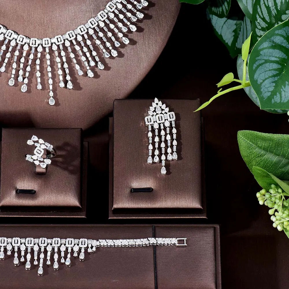 4 Pcs Women's Set Elegant Lady Tassel Set Zirconium Necklace Earrings Bracelet Accessories Dress Party Wedding Festival M-125