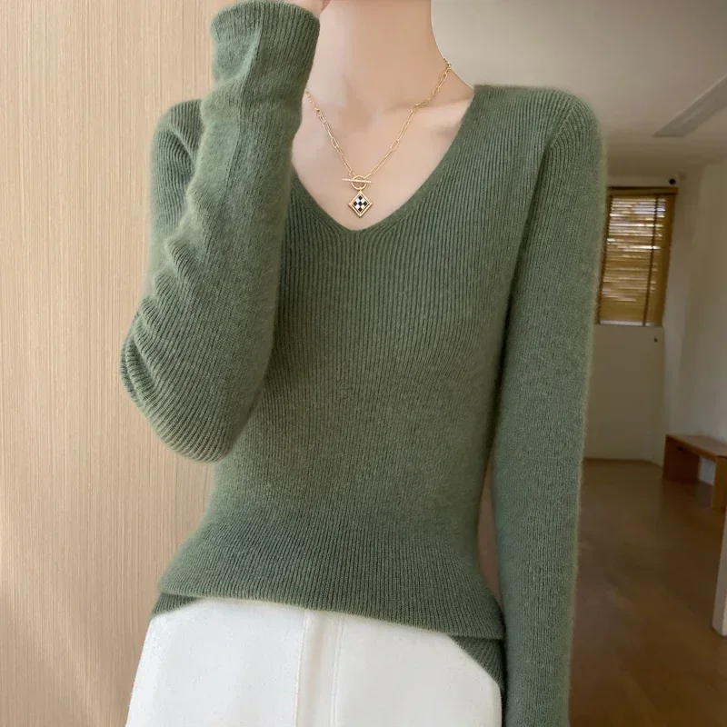 Autumn Winter Sweater Women Knitwear Pullover Skinny Elastic V-Neck Top Sweaters Fashion Female Long Sleeve Basic Tops Woman