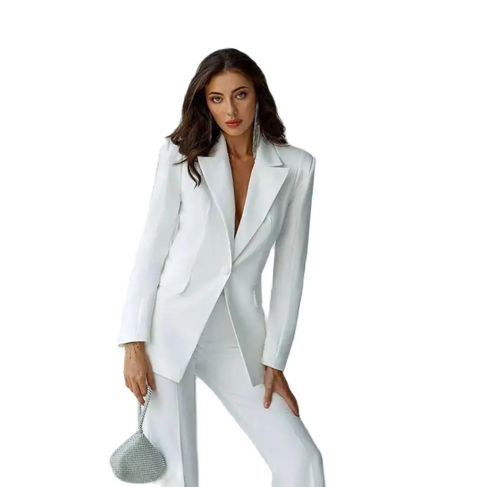 Novo branco elegante conjunto de calças femininas de botão único de alta qualidade feminino duas peças (jaqueta + calças)