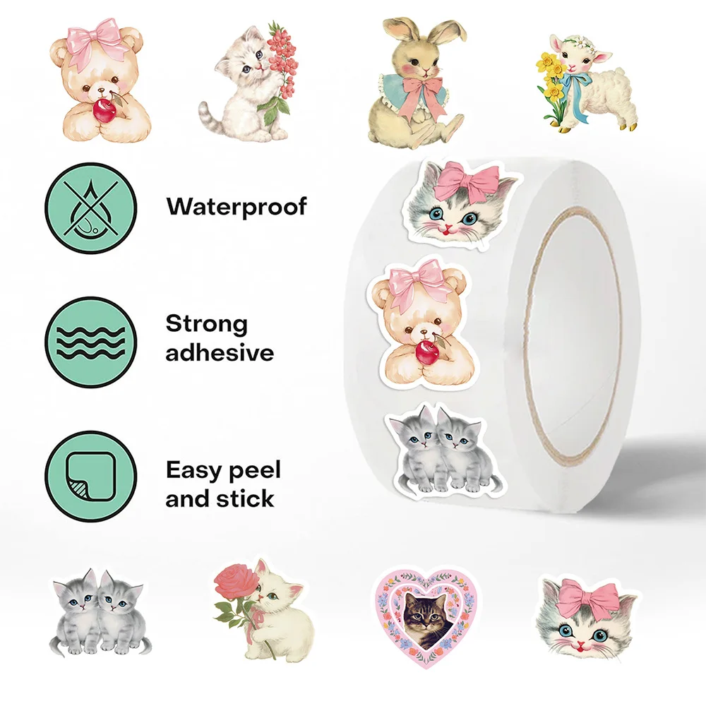 500 sztuk śliczne naklejki ze zwierzętami rolka estetyczna kokietka kreskówki naklejki dekoracyjne DIY Scrapbooking Laptop telefon Kawaii zestawy naklejek