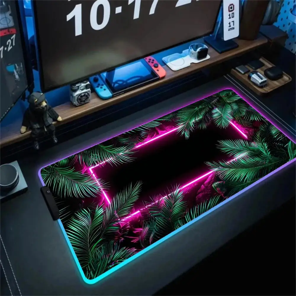 

Неоновый коврик для мыши с RGB-подсветкой, механические коврики для клавиатуры, аксессуары для офисного компьютера, светодиодные противоскользящие коврики с рисунком листьев
