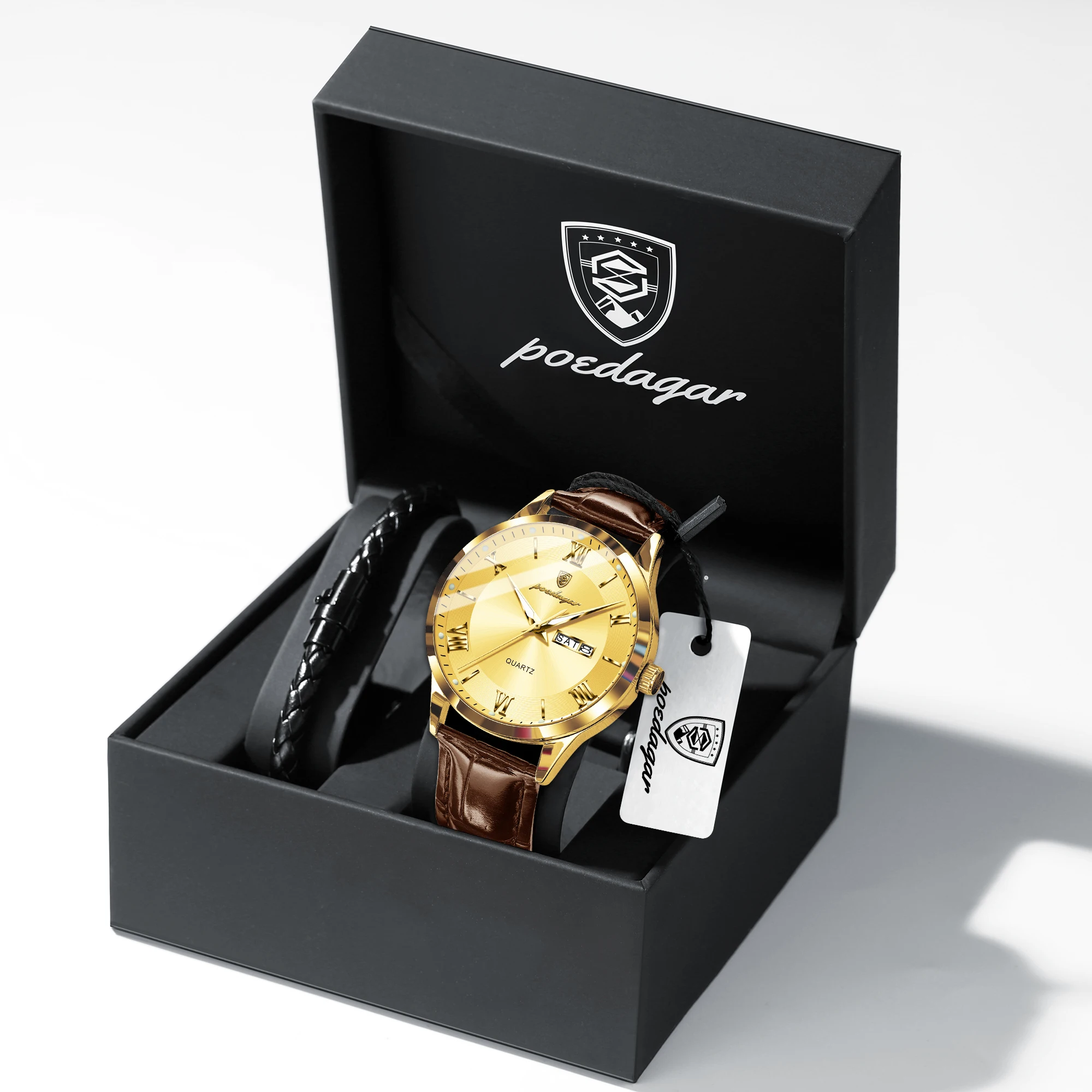 POEDAGAR Sport Watches For Boyfriend Leather Date Week Quartz Love Men Wristwatch Waterproof Luminous Lovers Watch with Gift Box