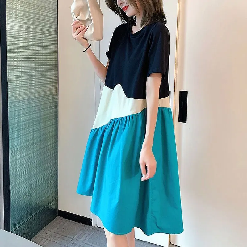 

Summer Contrasting Colors Midi Dress Stylish Irregular Patchwork Female Clothing Short Sleeve Casual Loose Korean A-Line Dresses