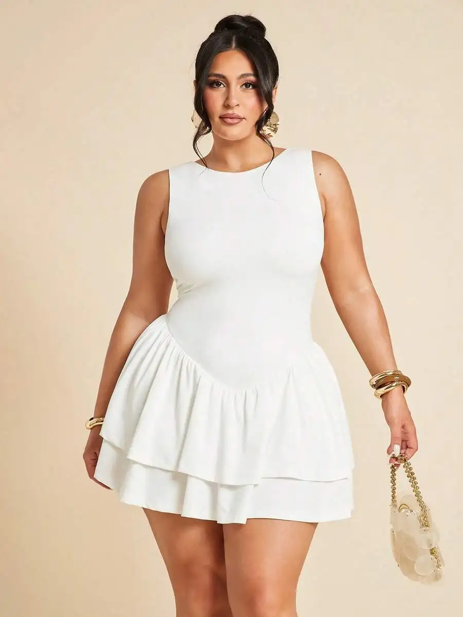 

White Sleeveless Plus Size Mini Dress with Double Layer Ruffle Skirt