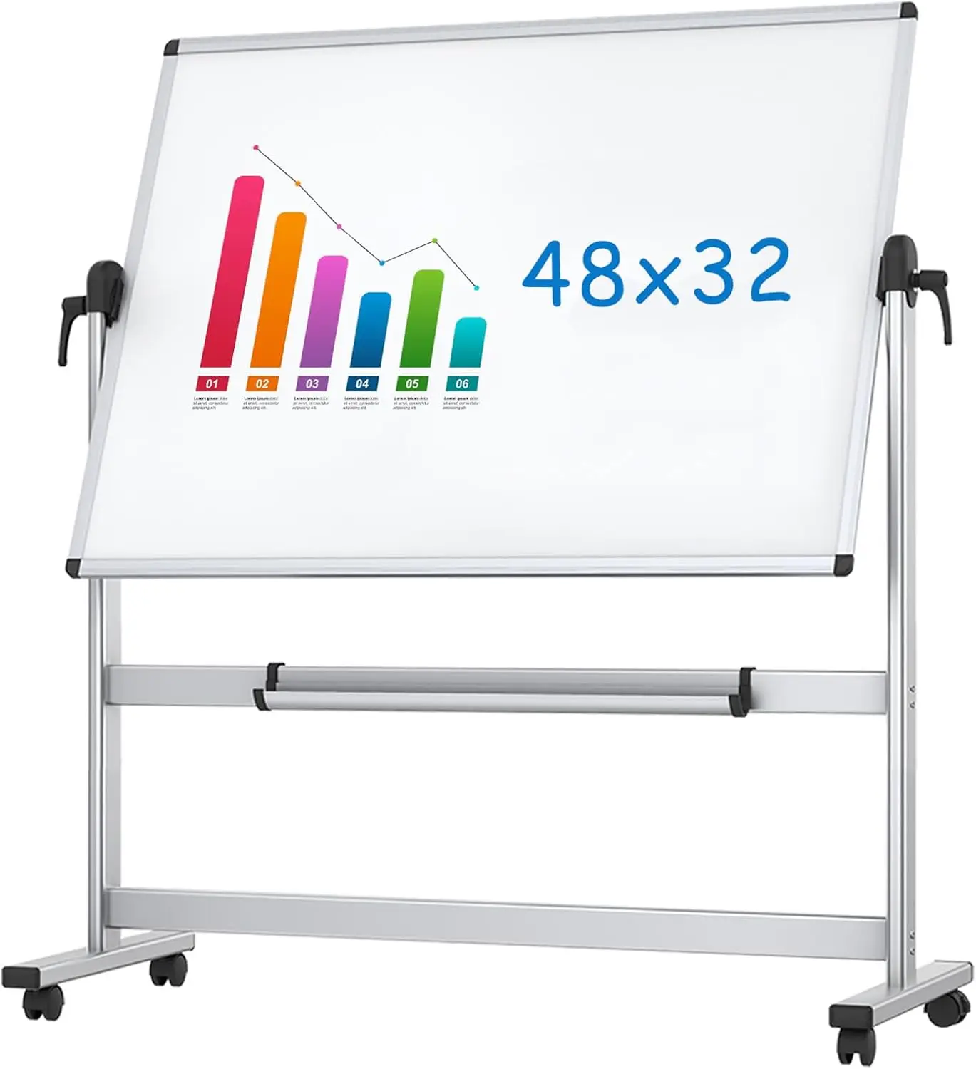 Tableau blanc mobile magnétique double face, 48x32 amaran, cadre et support d'infraction