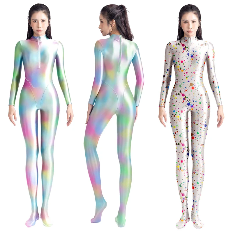 Glossy Christmas Gift bodysuit Swimsuit Tights Swimwear Printed Jumpsuit One Piece Slim Fit Elastic Zentai Playsuit Overall