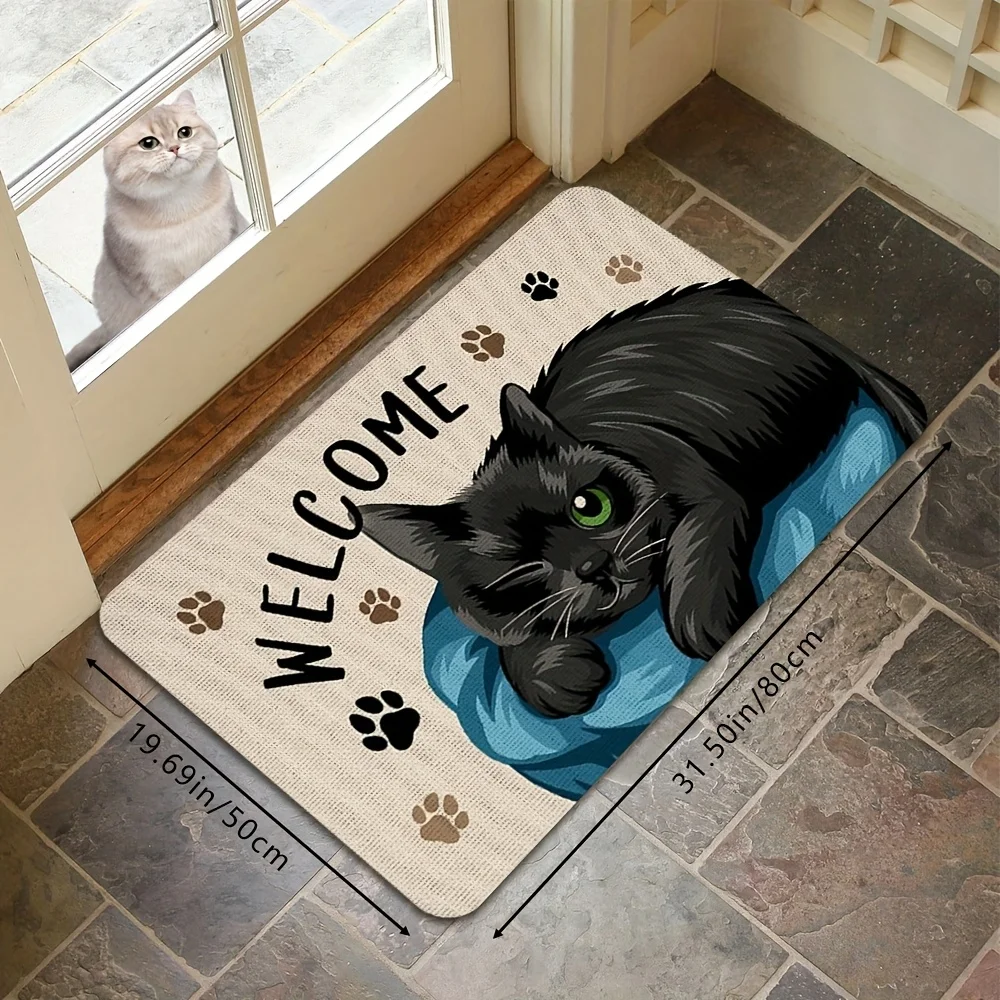 VIKAMA Cartoon Black Kitten Pattern Welcome Doormat Soft Comfortable Machine Washable Doormat Home Decoration