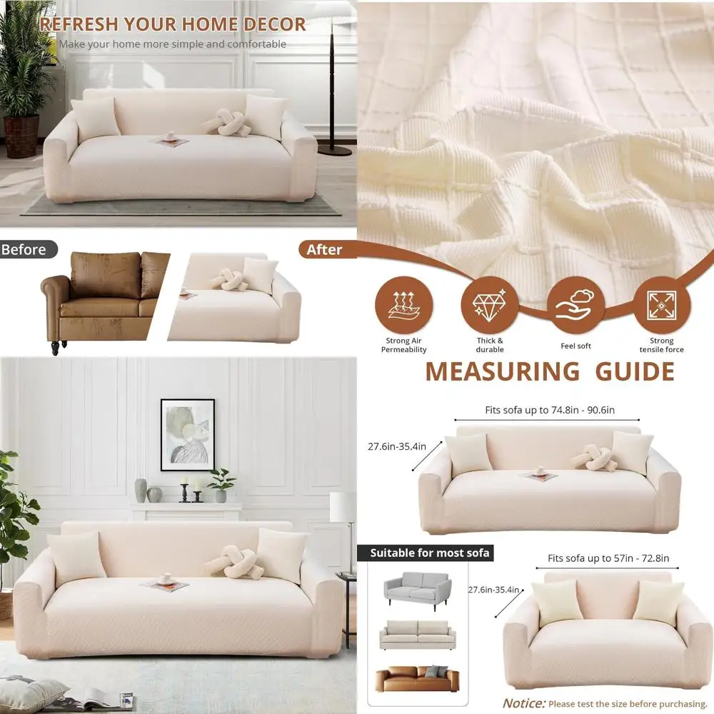 

Pet-Friendly Washable Sofa Cover for 3-Cushion Couch with Checkered Beige Pattern & Elastic Bottom