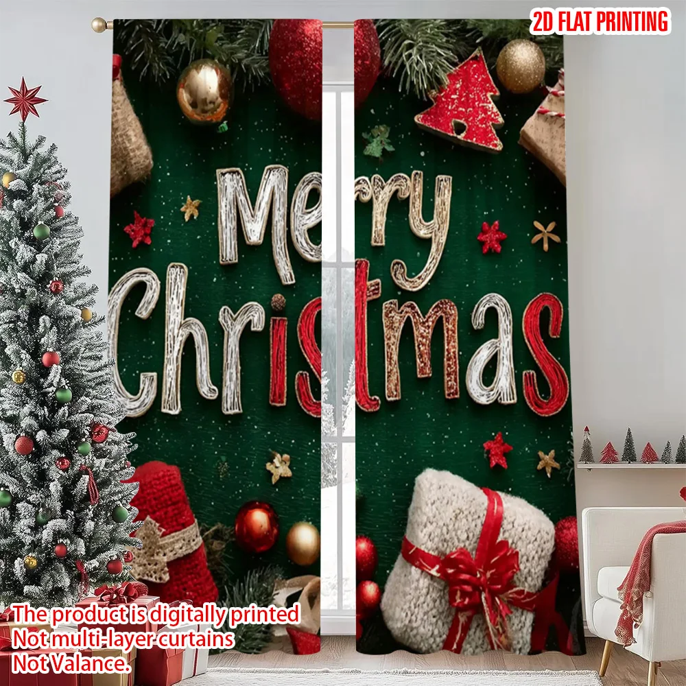 

2pcs 2D flat printing Christmas Window Curtains merry christmas2 100% Polyester Without Electricity Family Party for Photo