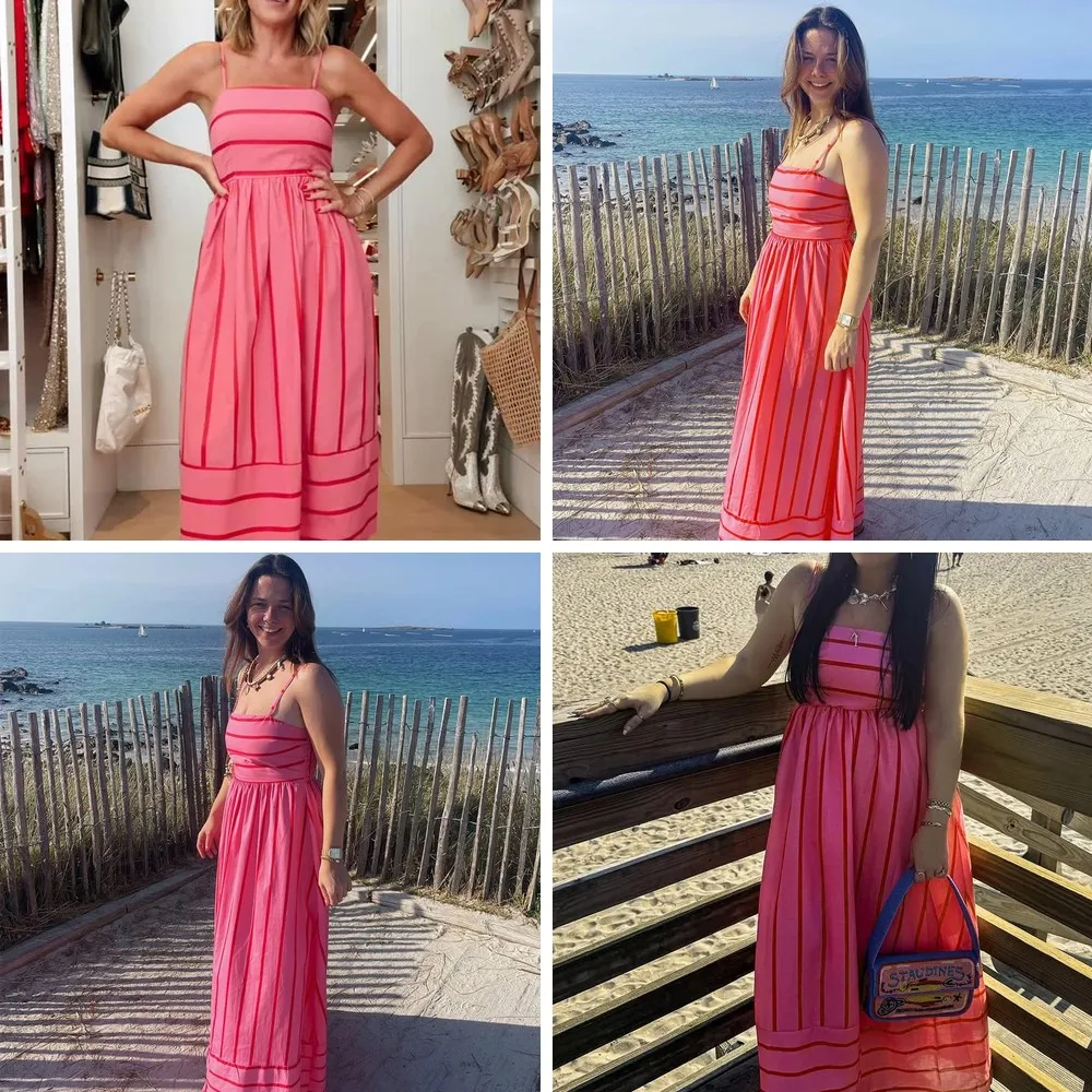 

Sexy Off-Shoulder Sling Dress 2026, Striped Summer Beach Gown for Women, Casual Sleeveless Waist-Cinching Maxi Dress