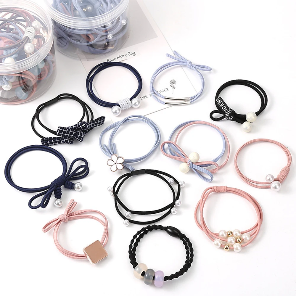 Corde à cheveux élastique pour femmes, fleur, perle, épingle à cheveux, chouchous roses, porte-queue de cheval, bande, accessoires pour filles, ensemble de 12 pièces