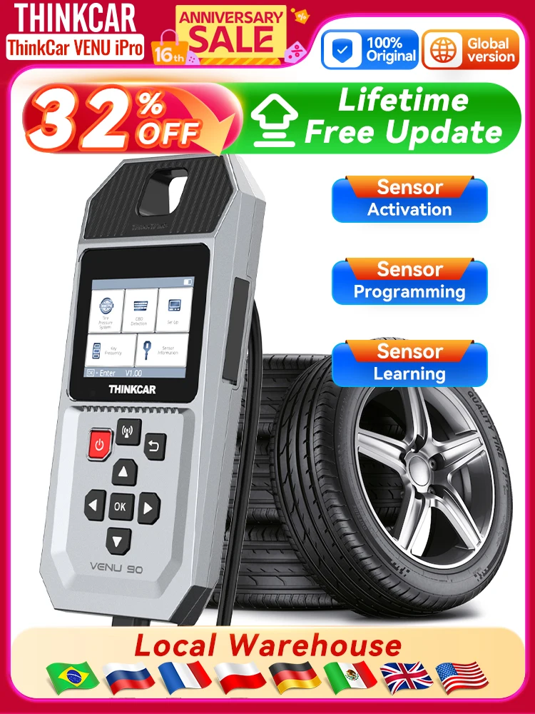 THINKCAR VENU 90 Outil de diagnostic de la pression des pneus de voiture Programmation du capteur TPMS automobile Activation d'apprentissage pour 315/433MHz OBD2 Scan