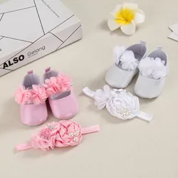 Girls' shoes, newborn's first step shoes, baby princess shoes, soft soles, anti-slip shoes, PU flower leather shoes+hair band