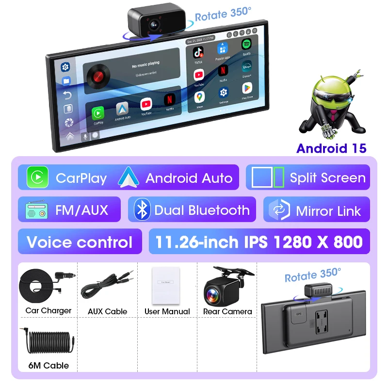 Develuck 11.26 "Android 15 4G + 64G Auto DVR Dash cam Carplay Android Auto WIFI Airplay Recorder Ondersteuning Youtube Netflix BT Muziek