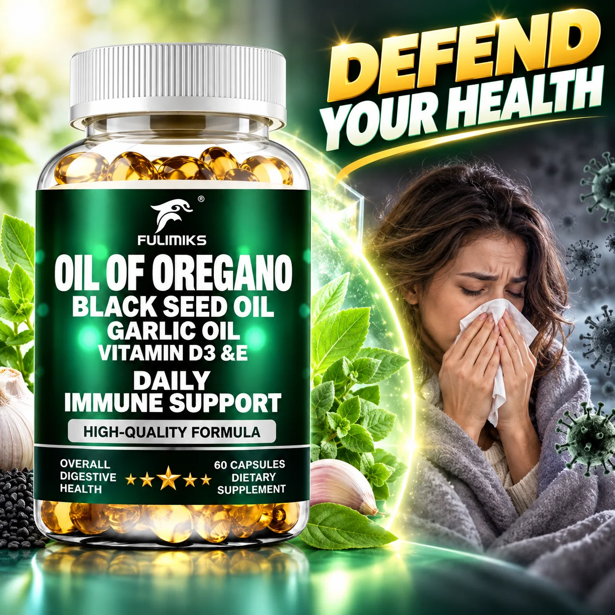Oil of Oregano Softgels with Black Seed Oil, Garlic Oil, Vitamin D3 & E, Immune Support, Help Digestive Health, Antioxidant