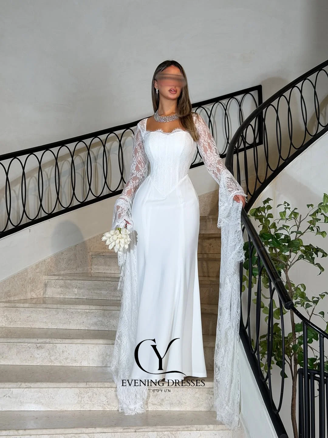 CUYUN 白人女性用イブニングガウン レースフレアスリーブ 高級サウジアラビア風ウェディングドレス カスタムメイド ドバイ ロングウェディングパーティガウン 2026
