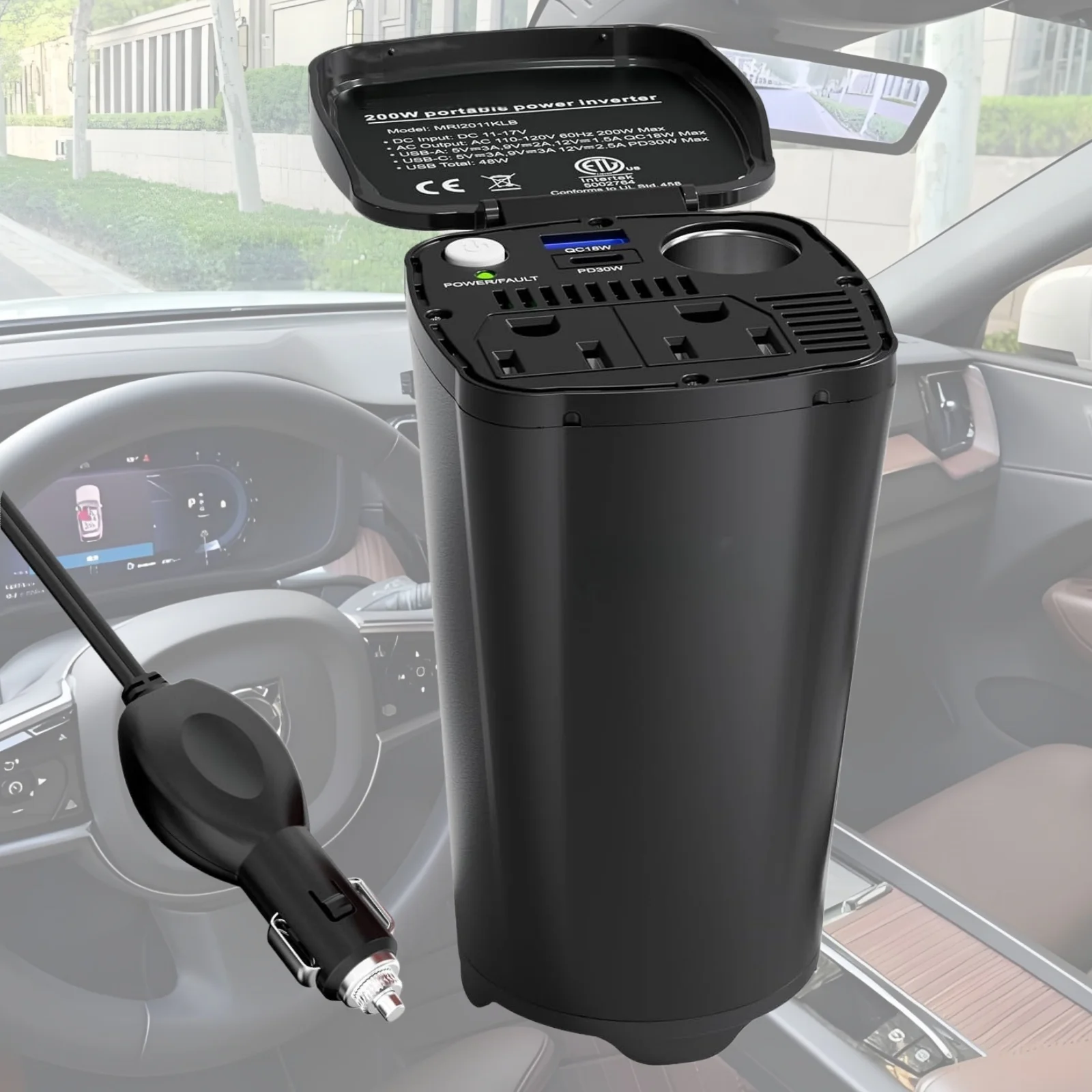 

Автомобильный инвертор 200 Вт с подставкой для кружки, 12В в 110В переменного тока, быстрая зарядка PD30W и QC18W, двойные розетки переменного тока, 6 видов защиты для ноутбуков