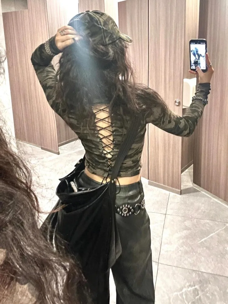 Retro Camouflage Back Lace Up Tops Mujer Y2k Slim Fit Long Sleeve Tee Shirt 2024 Early Autumn New T-shirt for Women Hoodies