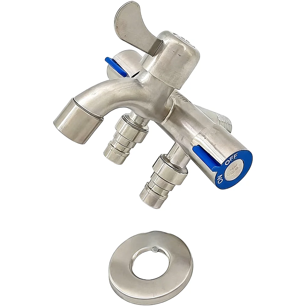 Black Zinc Alloy 3 Way Faucet Splitter for Washing Machine Laundry Use Wall Mounted One Inlet Three Outlets Configuration