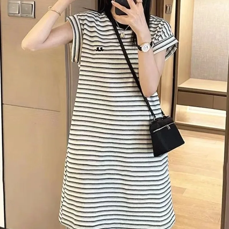 Simplicity Casual Summer Women\'s Round Neck Stripe Korean Fashion Preppy Style Loose Short Sleeve Mid-length Straight Dresses