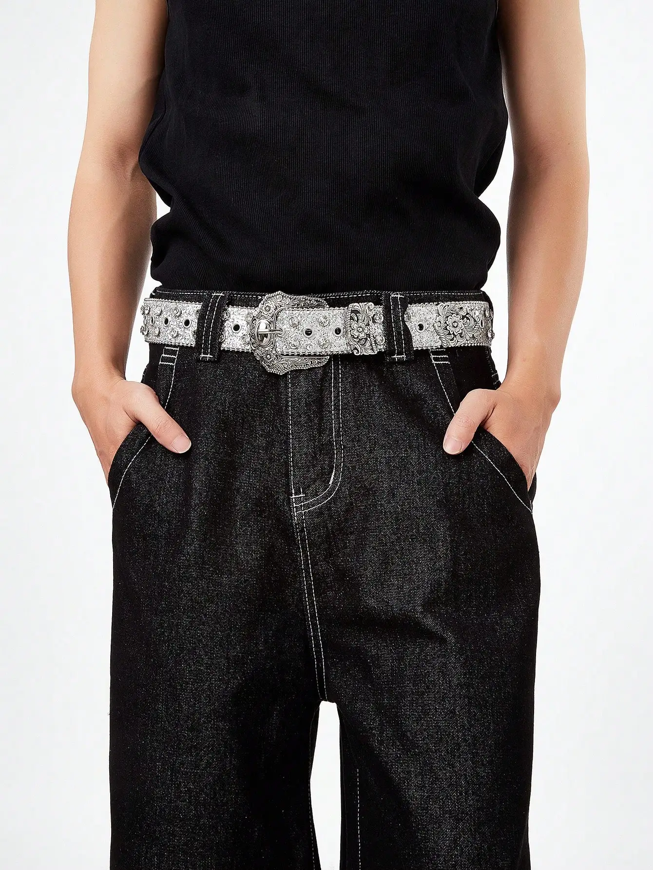 

1 шт. мужской серебряный мужской ремень в западном стиле с бриллиантами Y2K в металлическом стиле для четырехсезонных поездок и универсальных джинсовых аксессуаров