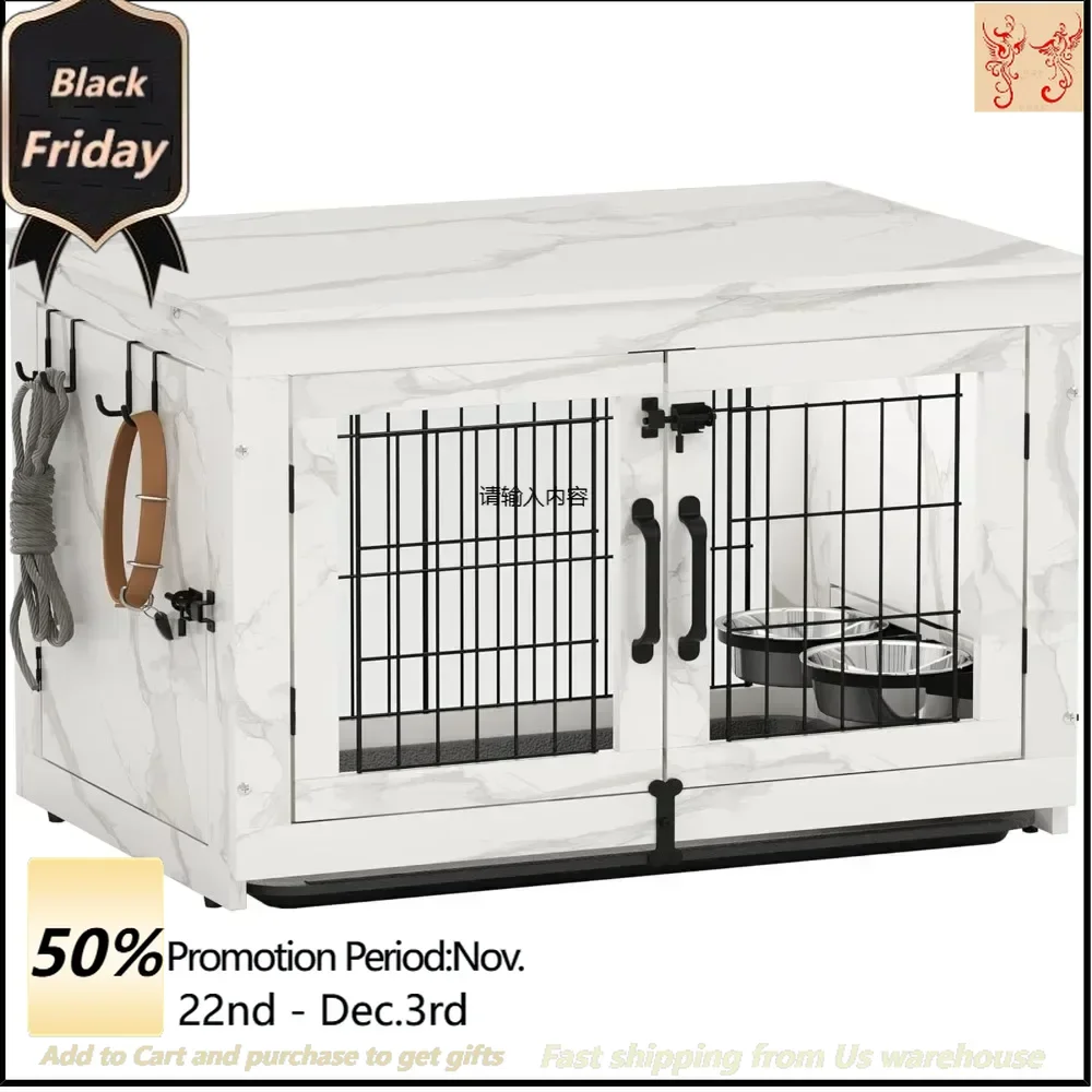 Wooden dog cage furniture with 360° rotatable detachable dog bowl, dog cage coffee table with tray, double door kennel