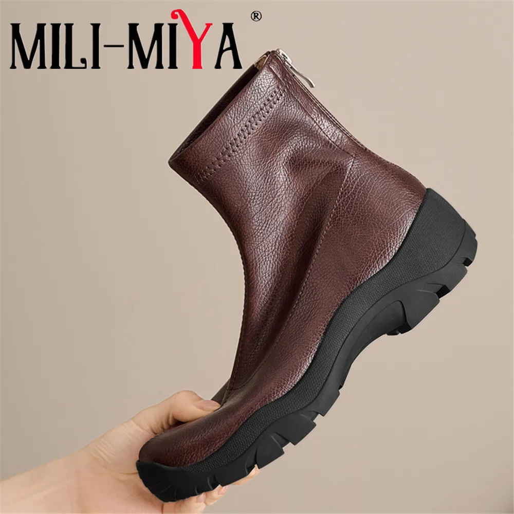 MILI-MIYA Women's Cow Leather Wedge Heel Woven Ankle Boots With Round Toe Non-Slip Sole And Plain Zip Fastening For Ladies