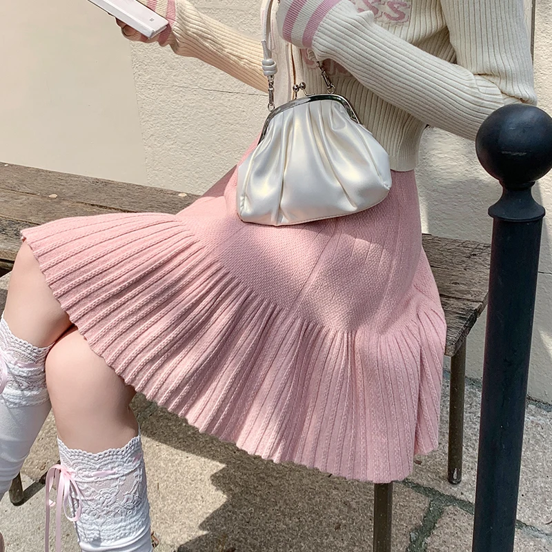 Stylish Knitted High Waist Pink A-line Half length Skirt 2024 Autumn/Winter Versatile Thin and Hip hugging Short Skirt