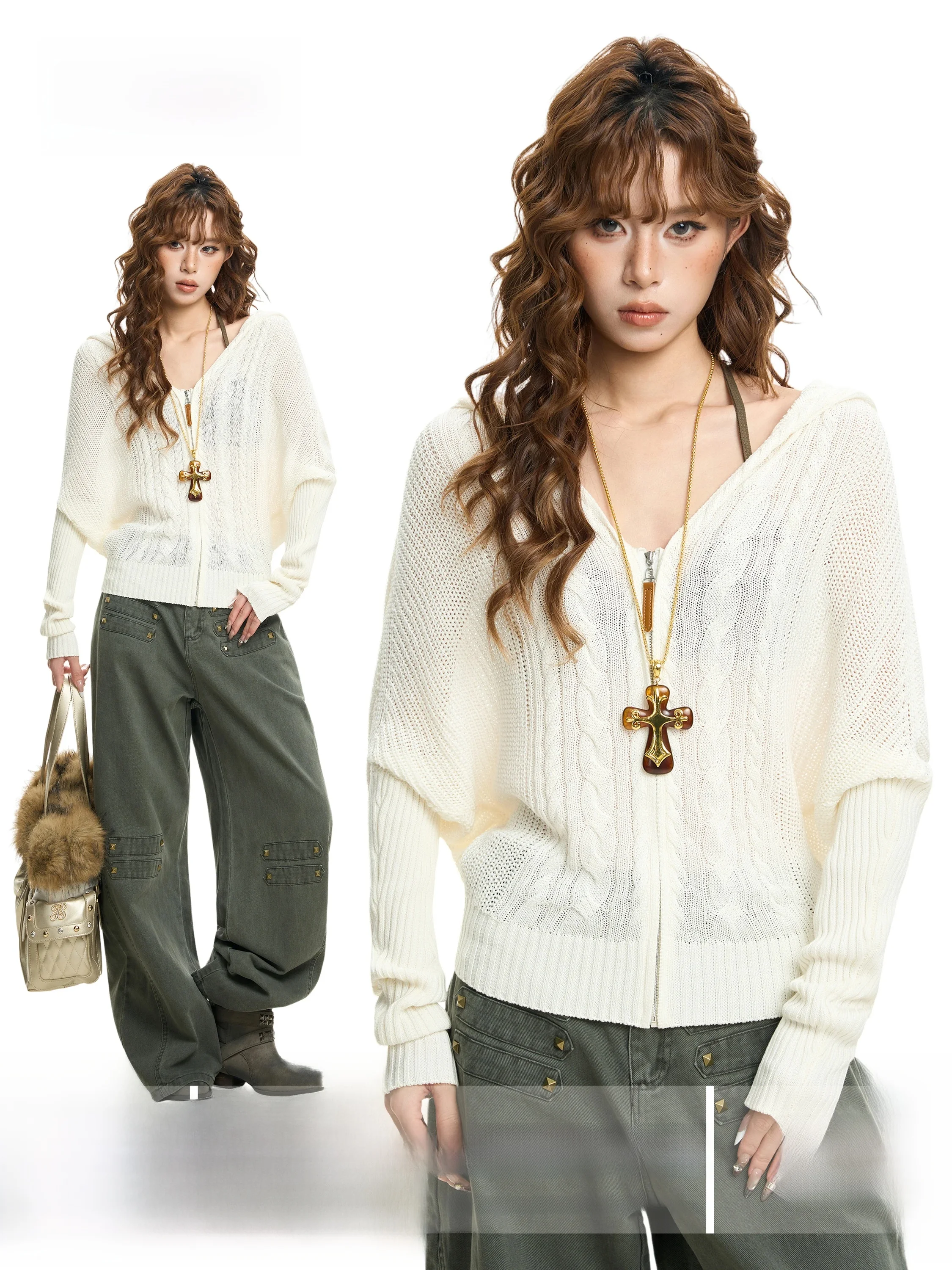 Women's Long Sleeve Knitted Jacket Hollow out Batwing Sleeve Hooded V-Neck Zipper Short Cardigan Slimming Loose Fit Autumn Wi...