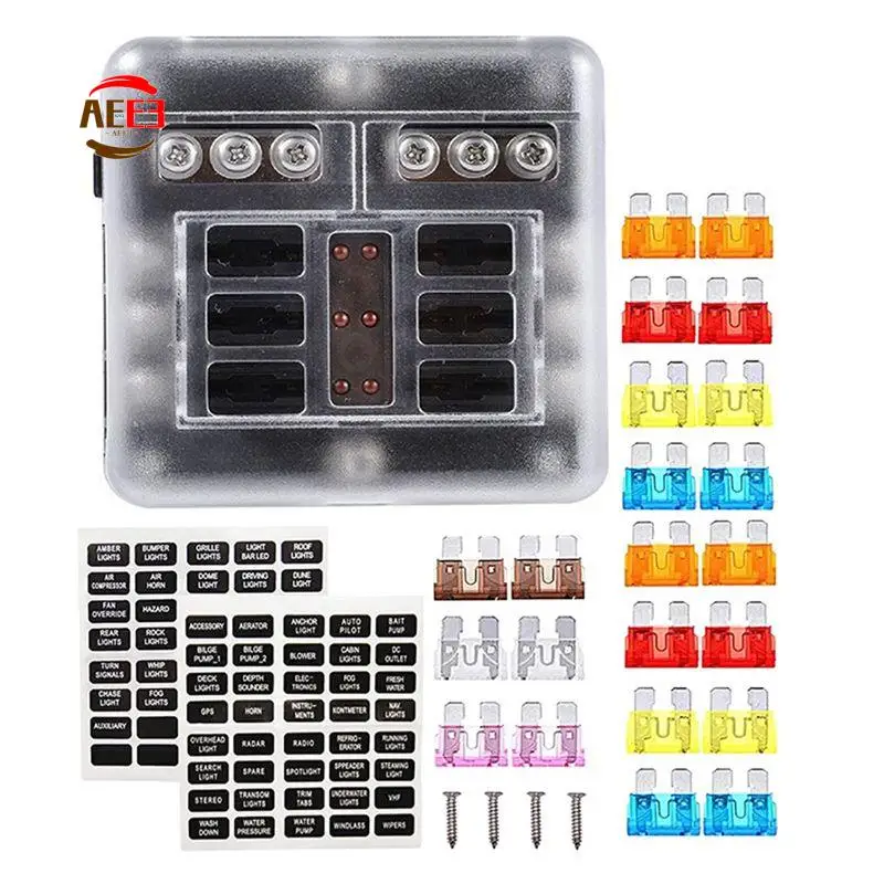 AEE3-12V Fuse Block Waterproof Boat Fuse Panel With LED Warning Indicator Proof Cover-6 Circuits With Negative Bus Fuse Box