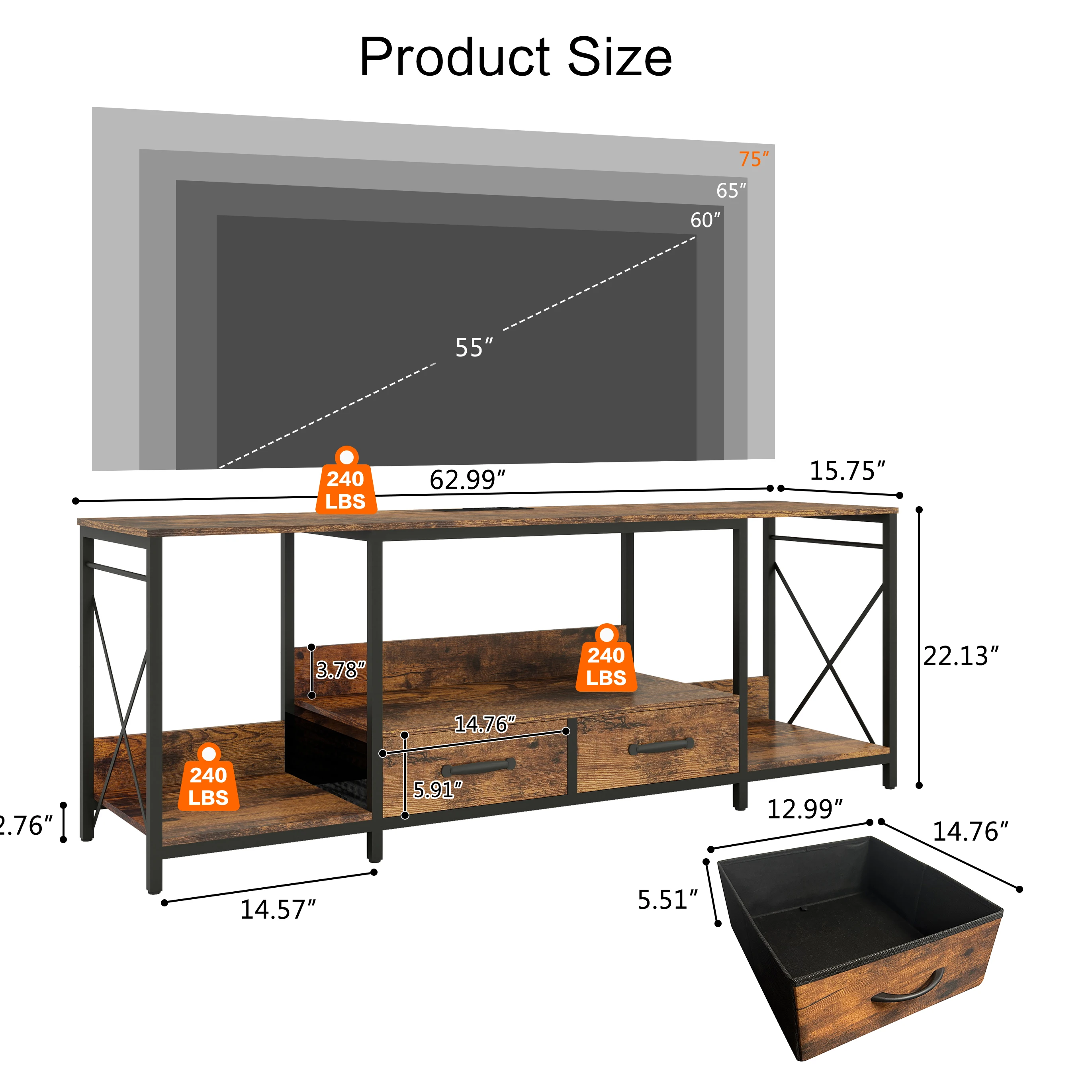 

LED Lights Power Outlets TV Stand with Fabric Drawers Industrial TV Console Table with Open Storage Shelves