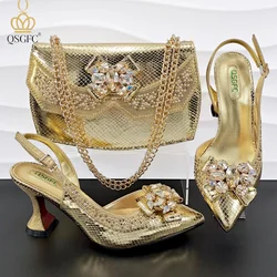 Vendita calda colore oro strass decorazione stile punta a punta tacchi alti scarpe da donna e borsa Set per la festa di nozze