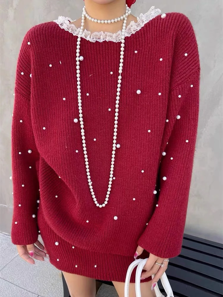 Beading Knit Lace Patchwork Sweater Two Piece Sets Women Loose Long Sleeve Fall Sweet High Waist Solid Slim Fit Mini Skirt
