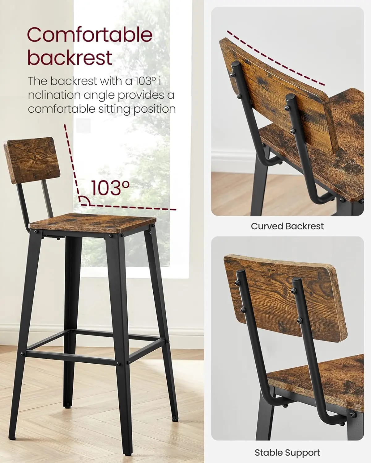4 Bar Stools, 29.1' Tall, Industrial Style, Steel Frame, Rustic Brown & Ink Black, Easy Assembly