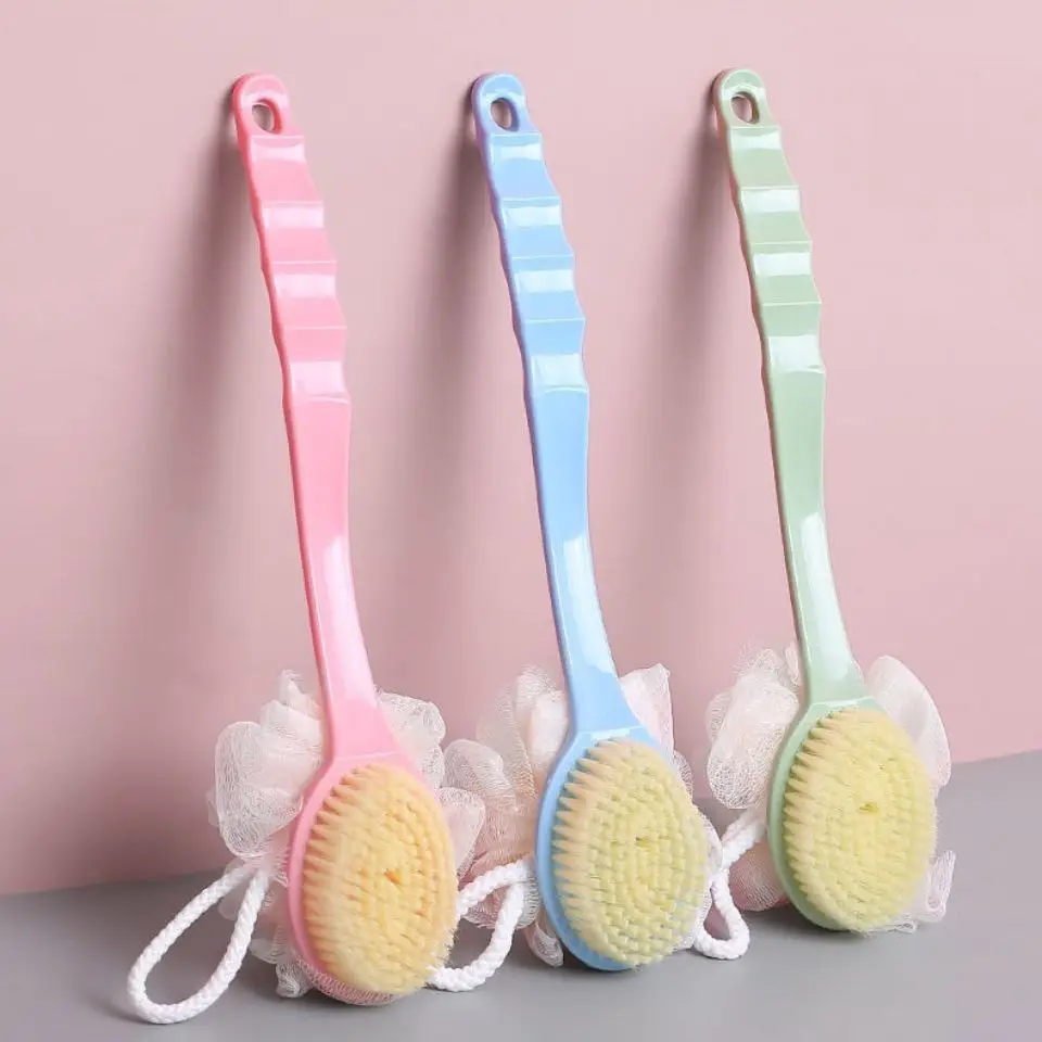 2-In-1 Soft Fiber Bath Brush Gentle Exfoliating Body Scrubbing Brush with Curved Long Handle Shower Cleaning Tools for Men Women