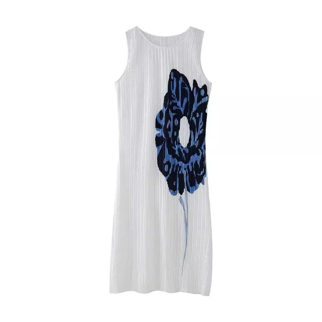 

2024 Summer New Product Women's Fashion Casual Round Neck Sleeveless Pressed Pleated Positioning Printed Dress
