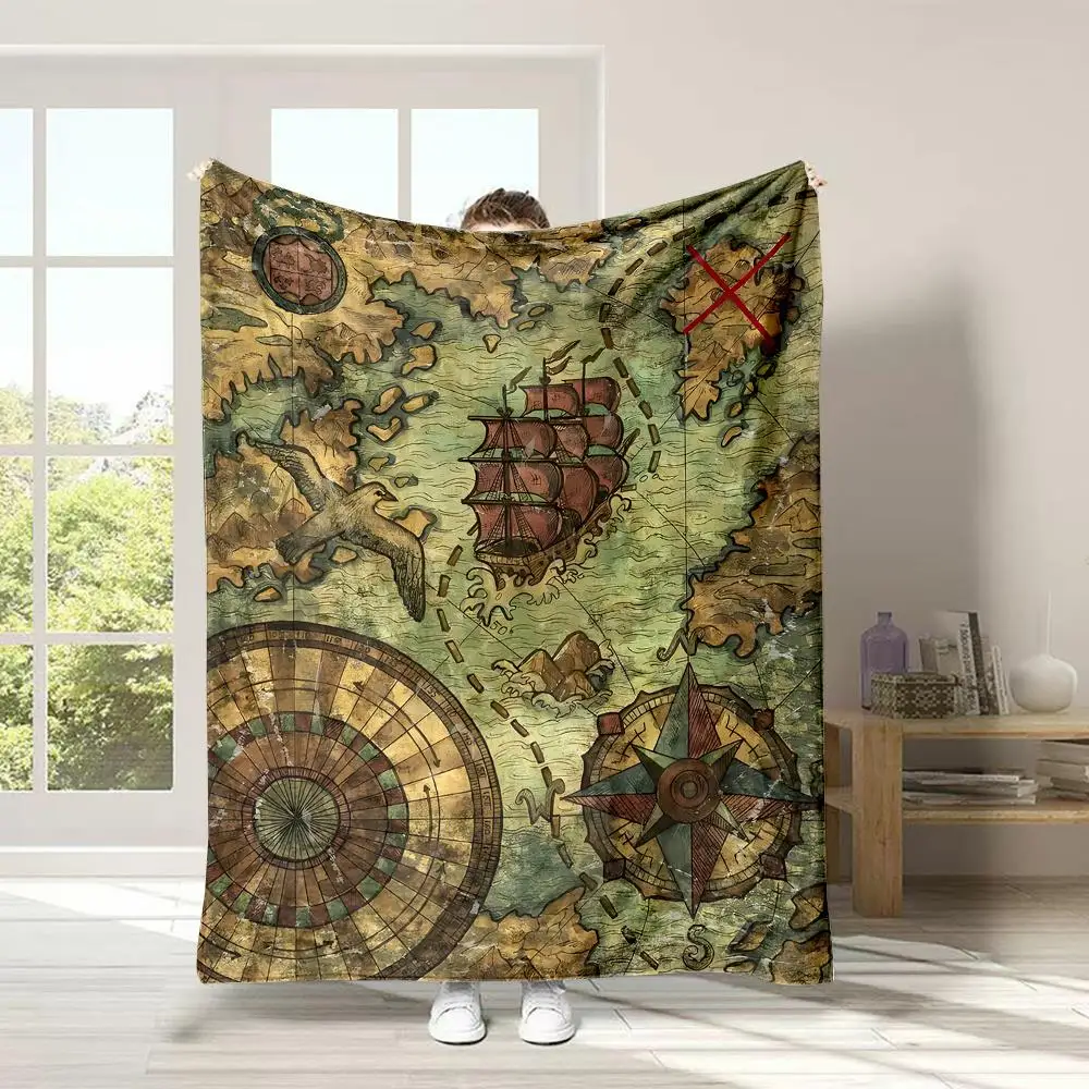 Vintage Nautical Flannel Throw – Gold Map & Compass Print, Soft & Lightweight for Bed, Sofa, Travel