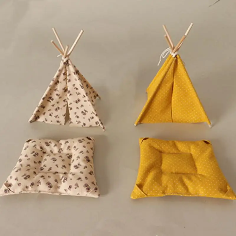 1 Set Handmade Simulation Miniature Camping Tent Model With Flower Wave Point Pattern 1/12 Doll House Scene Decoration