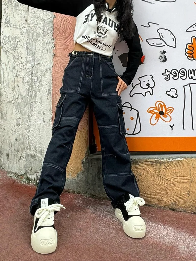 

Американские женские джинсы в стиле High Street: прямые, с большими карманами, свободные, с высокой талией, широкие штанины, для работы