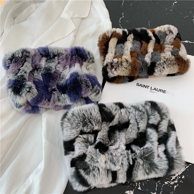 Women Handmade Stretch 100% Real Rabbit Fur Scarf Knit Genuine Rex Rabbit Fur Headbands Girls Natural Rabbit Fur Ring Scarves