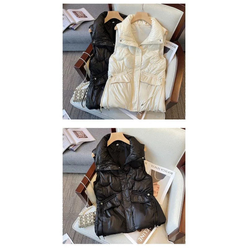 Women's Down Cotton Waistcoat No Washing Required Shiny Finish Short Style Loose Fit Stand-up Collar Waistcoat Winter Outerwear