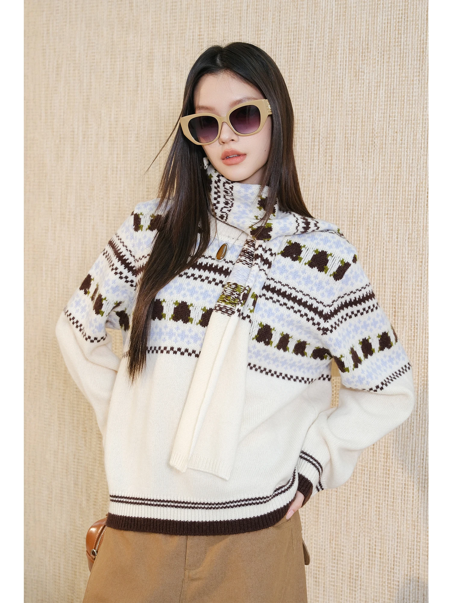 

Женский теплый шерстяной свитер MIUCO: свободный вязаный винтажный топ в стиле Aosphere с шарфом, для повседневной носки, с длинными рукавами и круглым вырезом