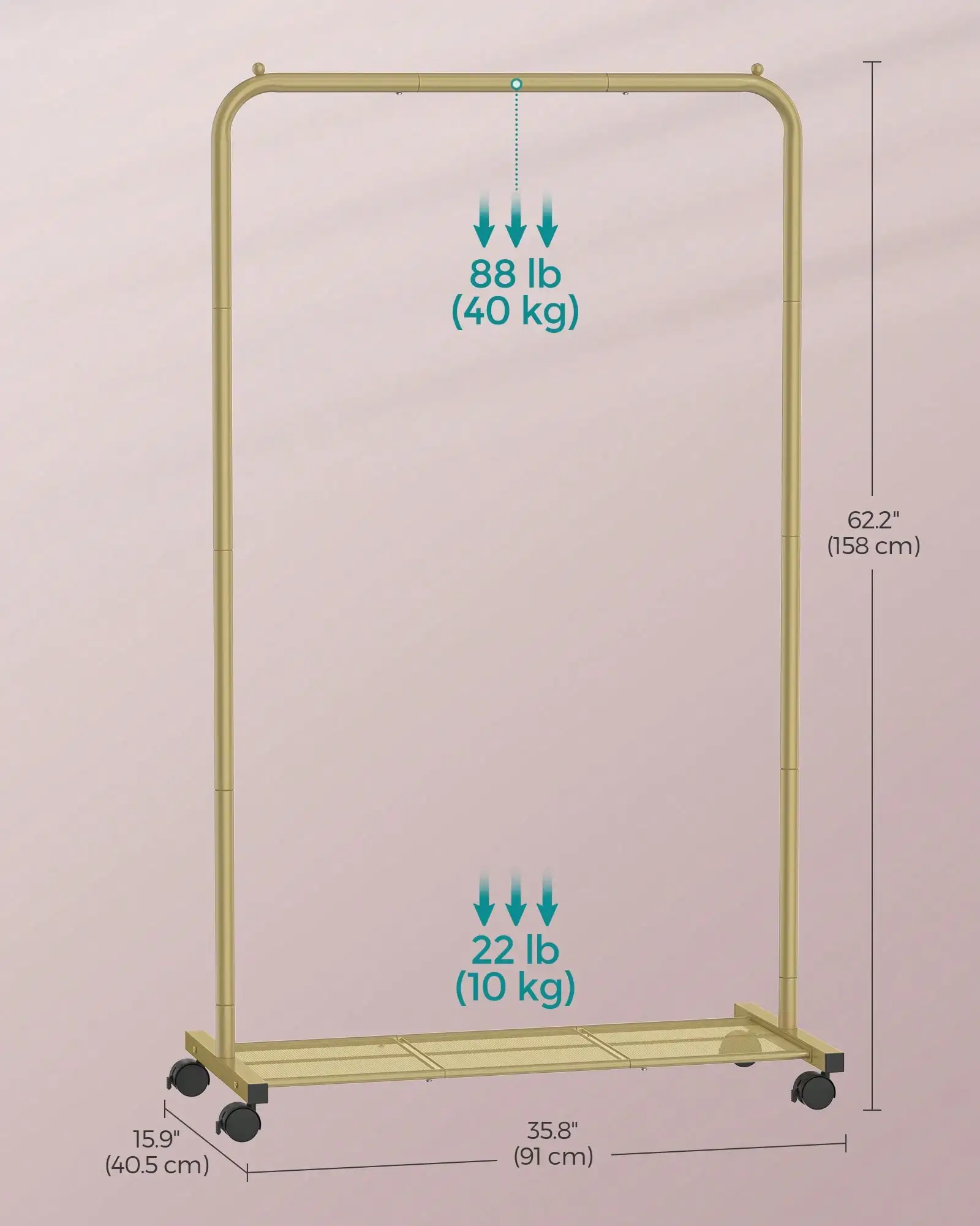 SONGMICS Wheels, Hanging Clothes 25.4 Mm Metal Garment Rack With Dense Mesh Storage Shelf, 110 Lb Load Capacity, 2 Brakes, 15.9
